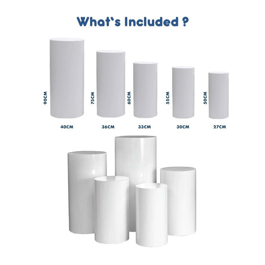 4 Days Rental White Round Metal Pedestal Set B (5pcs)