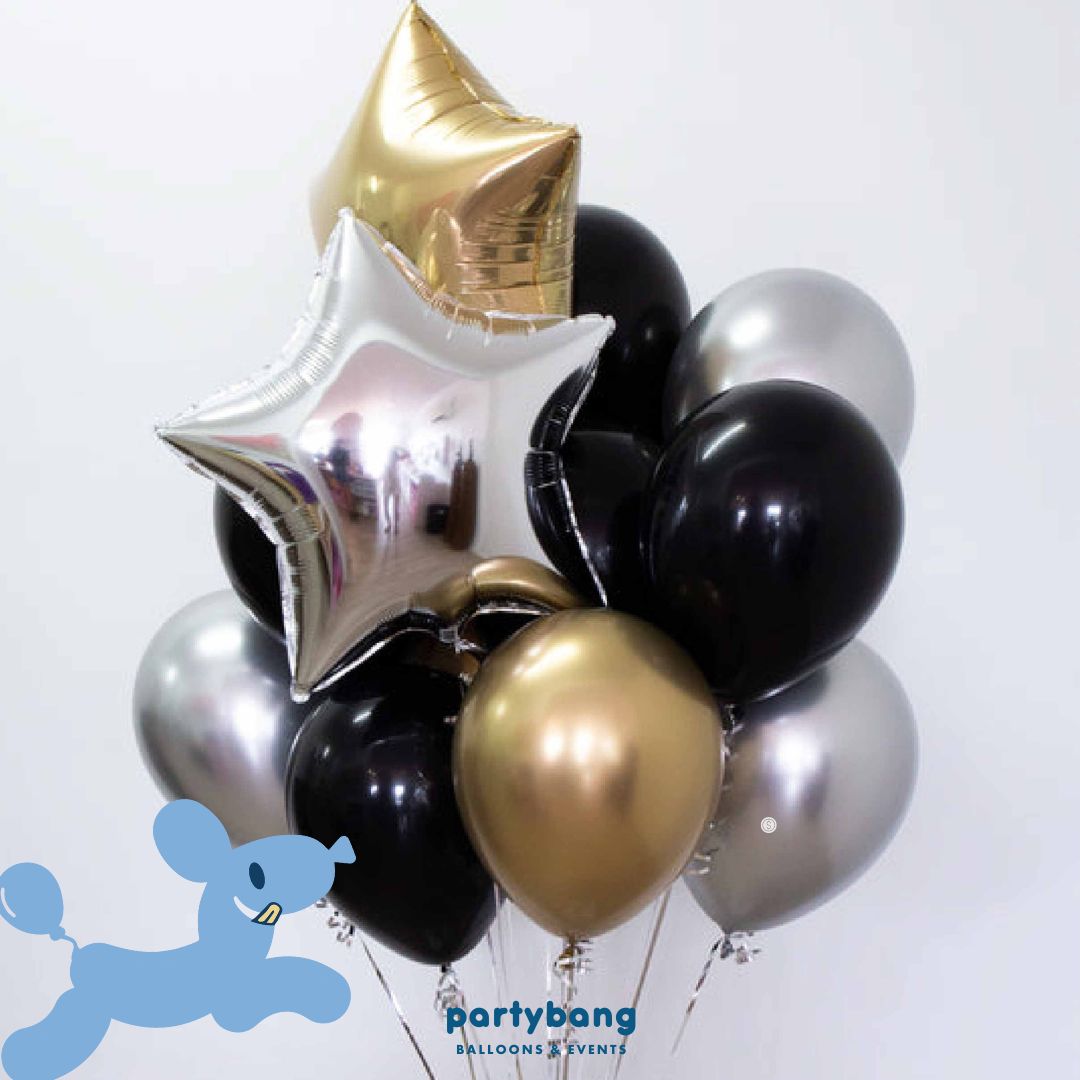 [Helium Inflated] 12"/ 18" Foil Latex Pearl Chrome Pastel Confetti Balloon Black, Gold & Silver_Shop By Picture (14pcs)