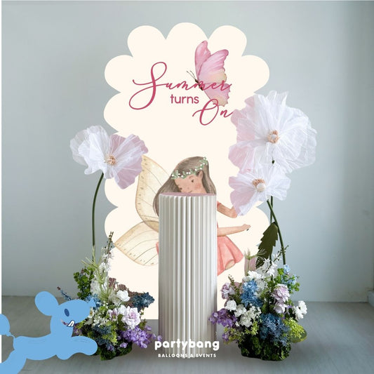 Botanic Custom Foamboard Arch Backdrop White Organza Purple x Blue Flower Base