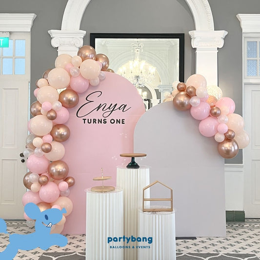 Plain Foamboard Arch Backdrop Setup with Balloon Garland (Pink x  White x Pretty in Pink)