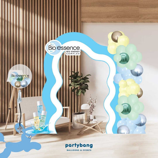 Corporate PR Event Theme Foam Backdrop Set-up with Balloon Garland Organic [Bio Essence]