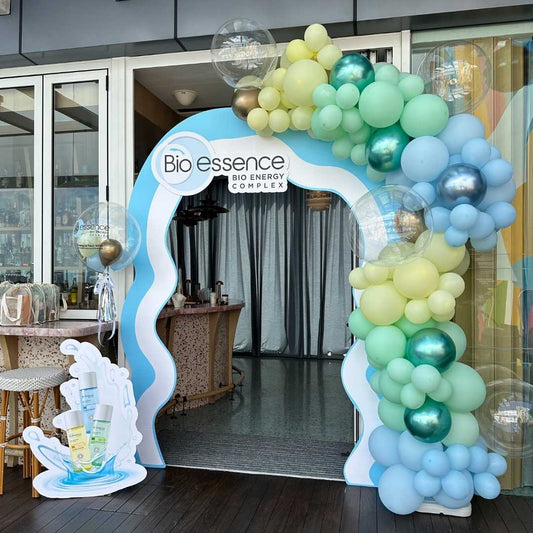 Corporate PR Event Theme Foam Backdrop Set-up with Balloon Garland Organic [Bio Essence]