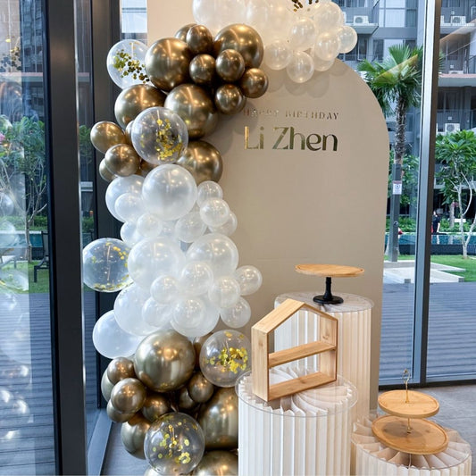 Plain Foamboard Arch Backdrop Setup with Balloon Garland (White x Gold)